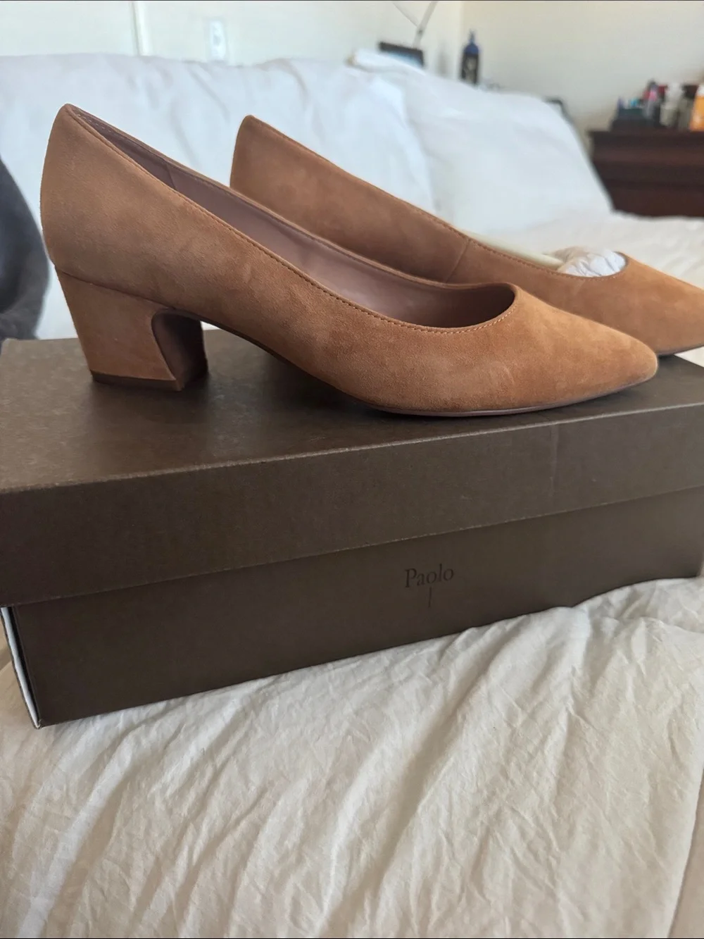 Paolo Tan Suede Mid Block Heel Pumps